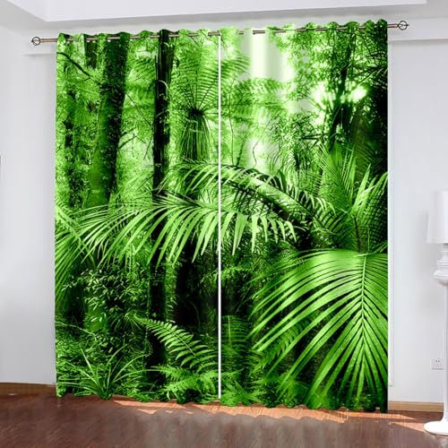 Gardinen Vorhänge mit Ösen, Wald Vorhänge Wohnzimmer Modern 2er Set, Vorhang Schlafzimmer Transparent mit Dschungel-Landschaft, Vorhang Kinderzimmer Küchengardinen 264 x 241 cm (B x H)