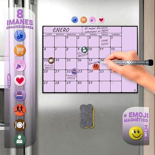 toots - Calendario Magnético para Nevera A3 color lila (42x30) Planificador Semanal o Mensual con 4 Marcadores, 8 Imanes Tematicos, Emoji y Borrador, Pizarra Organizadora para Cocina, Menú, violeta.