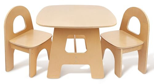 Wooshwa Kindertisch mit 2 Stühlen, Kindersitzgarnitur Kinder Tisch Stuhl mit Gebogen Rückenlehne Set Kinderstuhl Holz, Massivholz Esstisch Lesen Spielen Maltisch für Kinder 2-6 Jahren, 60 x 60 x 46 cm
