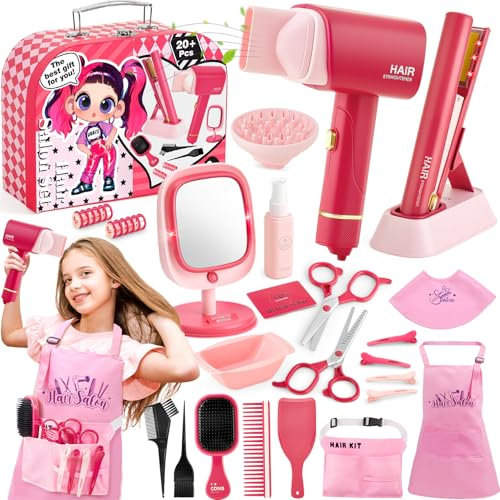 Toylink Friseur Set Kinder Mädchen Spielzeug mit Kinderfön, Haarglätter, Spiegel, Schere, Schürze und Frisierkoffer, Rollenspiel Spielzeug für Mädchen 3 4 5 6 7 8 Jahre