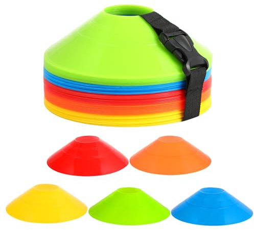 50-Stück Hütchen Set mit Schnallenriemen, 5 Farben, für Hütchen Fußball, Markierungshütchen, Hütchen Training – ideal für Fußball, Hockey, Eislaufen, Handball