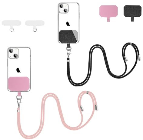 QZLSAYSL Cordino Per Cellulare，Porta Cellulare Da Collo，Laccio Per Cellulare, 2 Cordini Lunghi Per Telefono Cellulare, Adatti Alla Maggior Parte Dei Telefoni Cellulari, Toppa Inclusa (Nero + rosa)