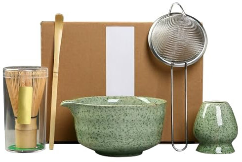 XPJBKC Matcha Kit, Lot de 5 Kit Matcha Complet Composé Céramique Bol Matcha Bec Verseur, Fouet Matcha, Cuillere Matcha, Support pour Fouet à Matcha, Ustensile Matcha, Coffret Matcha Set Cadeau