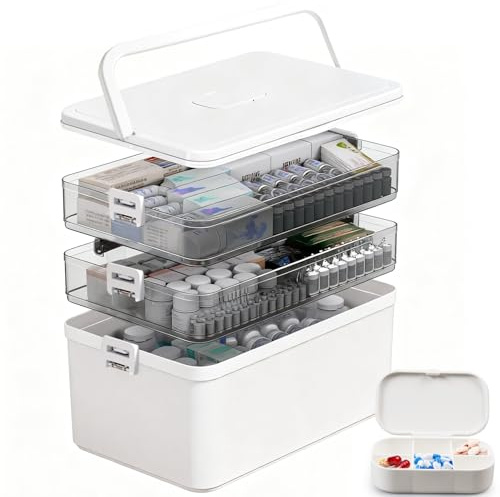 Gemsaya 3 Regal Medikamenten Aufbewahrung, Medizinbox Hausapotheke box mit Griff und herausnehmbarem Fach, Aufbewahrungsbox Hausapotheke Box, Weiß Erste Hilfe Kasten für Zuhause, Büro, Schule