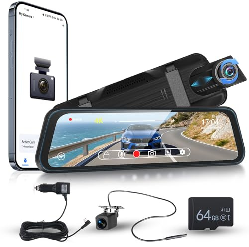 9.66 4K+1080P Spiegel Dashcam mit Rückfahrkamera WiFi & APP-Steuerung, Dash Cam Auto Kamera, IPS-Touchscreen, Kostenlose 64-GB-Karte,Schwerkrafterkennung,Parkmonitor, Rückfahrhilfe,Loop-Aufzeichnung