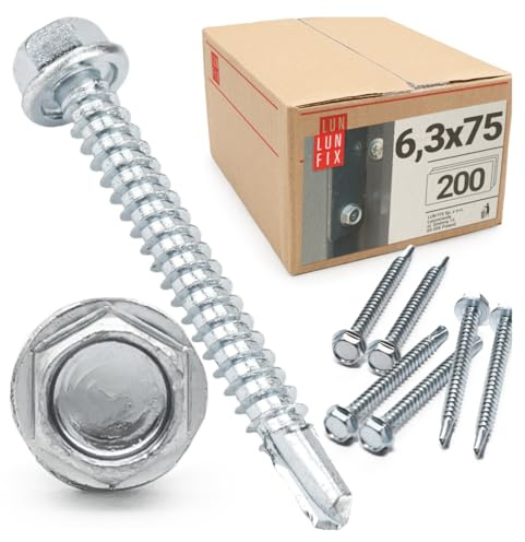LUN FIX Vis à tôle ondulée 6,3x75 mm lot de 200 pièces DIN 7504K | tête hexagonale, acier galvanisé, vis autoperceuses, vis autotaraudeuses pour tôle de toit, tôle profilée