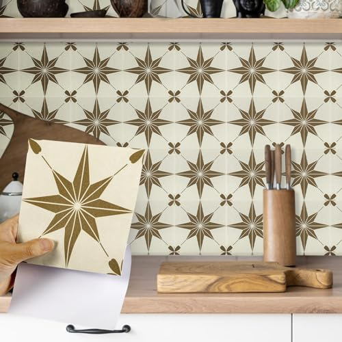 Fantasnight Tile Stickers Brown Stars Stick on Tiles Matt 15x15cm 24Pcs | Vinyl Self Adhesive Wall Waterproof Removable Backsplash Peel and Stick for Bathroom Kitchen