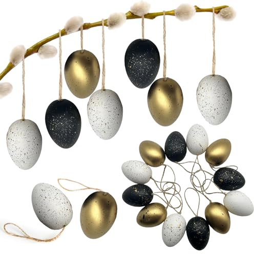 Ostereier zum Aufhängen,24er Ostereier,Deko Ostern für Draussen,Osterdeko Schwarz Weiß Gold Easter,Kleine 4cm mini Decoration,Modern Osterdekoration Hängen Osterbaumschmuck