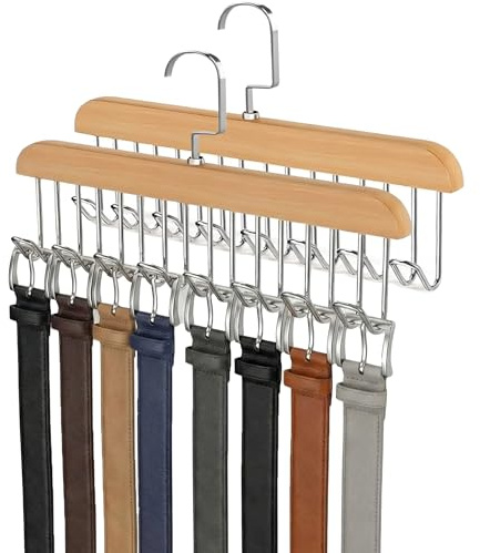 Wooden Belt Hanger 2 Pack, 8-Hook Swivel Belt Organizer for Closet | Space Saving Buckleless Holder Storage for Ties, Scarves, Bras, Tank Tops and Wardrobe Accessories