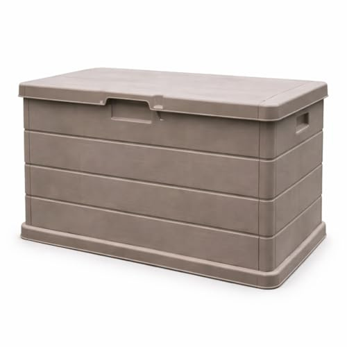 MA MAISON Baule Cassapanca Multiuso 170LT - Esterno, Interno, Apertura Superiore, Effetto Legno, Resina Taupe, Contenitore, Organizzatore, Stoccaggio - (Taupe 170lt)