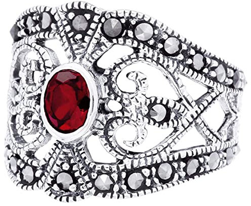 Windalf Mittelalter Ornament Statementring RAGNA 16 mm Damenring Roter Kristall Gothic Schmuck Vintage Silberring 925 Sterlingsilber (Silber, 66 (21.0))