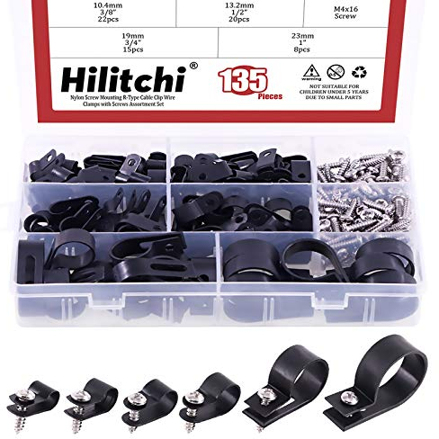 Hilitchi 135 Pcs 6 Sizes Black Plastic Cable Clamp R Type Screw Mounting Cord Fastener Cable Clips Assortment Kit with Screws for Wire Management Cable Conduit (Clips from 6mm to 23mm)