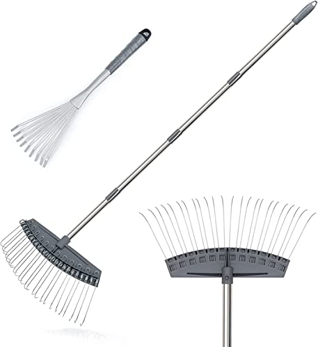 Hortem Laubrechen, Gartenschwader für Rasen, Blätter, Stroh, Kies, 63-160cm Verstellbarer Hofstrohschwader und 43cm Handschwader, Geeignete Rechen für den Garten