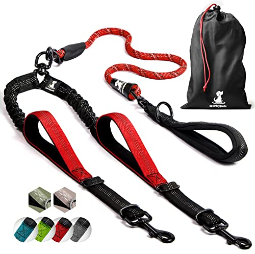 SparklyPets Double Dog Leash for 2 Dogs – Rope Bungee Dual Leash for Medium and Large Breeds with Padded Handles & Tangle Free (Red, Medium/Large)