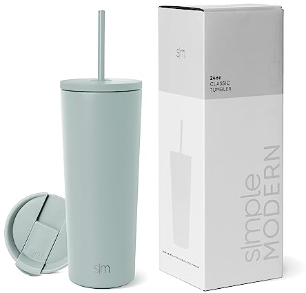 Simple Modern Thermobecher mit Strohhalm und Deckel | Trinkbecher mit Henkel Wiederverwendbare Edelstahl | Geschenke für Frauen und Männer | Classic | 710ml | Sea Glass Sage