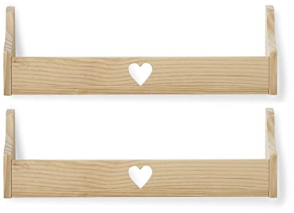 Haus Projekt 2 Pack Kiefer Herz Kinderregal, Wandregal Kinderzimmer, Dekoratives Bücherregal für Kinder, Mehrzweck Holz Aufbewahrungsregal 50x10x16cm
