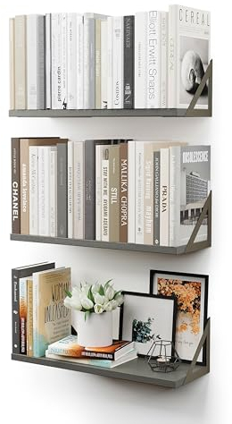 CASSA Wall Mounted Floating Book Shelves for Wall Set of 3, Shelf Bookshelf for Bedroom Living Room Office Bathroom Kitchen Rustic Wood with Metal Bracket (Grey)