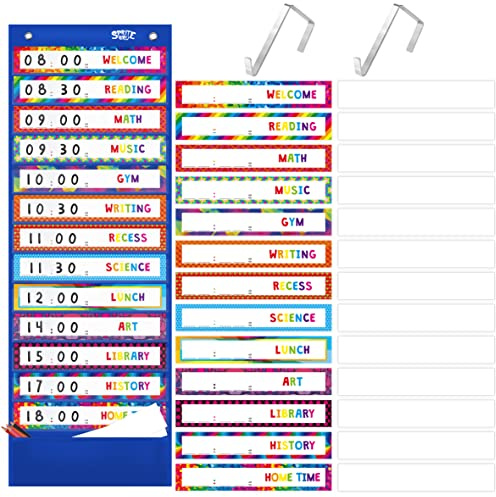 Taschenplan für den Tagesablauf, Stundenplan mit 13 + 1 Taschen, 26 Karten (13 doppelseitig bedruckte Karten + 13 leere wiederverwendbare Karten) plus 2 Türaufhänger für das Klassenzimmer, Vorschule