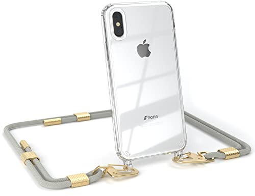 EAZY CASE - Handykette mit Karabiner kompatibel mit iPhone XS Max - Hülle Silikonhülle Fallschutz transparente Handyhülle Kette zum Umhängen Schutzhülle in Taupe - Clips Gold