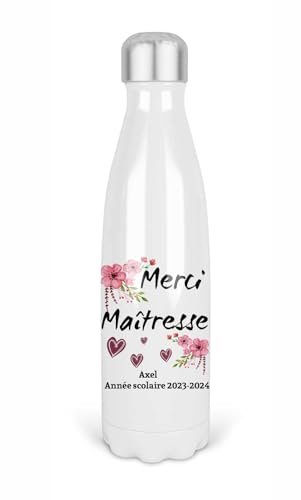Bouteille isotherme personnalisable fleur rose | Gourde isotherme | Cadeau Maîtresse, maître, atsem, nounou | Cadeau fin d'année