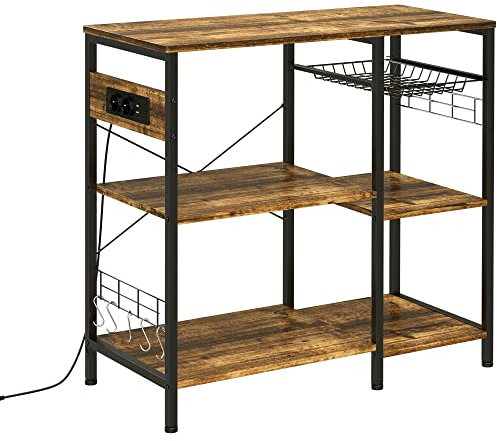 HOMCOM Mobile da Cucina a 3 ripiani in Truciolato con Presa di corrente, Porta USB e Cestino estraibile in Metallo, 90x40x83cm, Marrone rustico