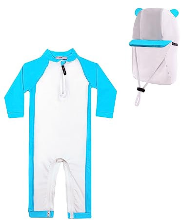 weVSwe Baby Boys Traje De Baño UPF 50+ Protección Solar Toddler Rash Guard Traje De Baño De Manga Larga con Sombrero Oso Azul 12-18 Meses