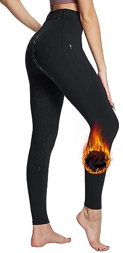 baleaf Damen Winter-Reithose Fleece-Reithose Vollbesatz Reithose Reißverschluss-Taschen Leggings Schwarz XL