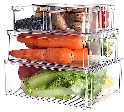 Fridge Organisers Set of 7, Stackable Fridge Storage Containers with Lids, Clear Plastic Storage Bins Fridge Food Storage Boxes for Fruits, Vegetable, Meat, Freezer, Pantry, Cupboard, Kitchen