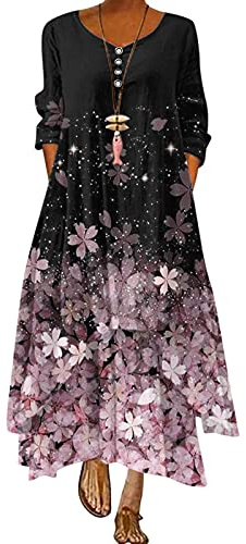 Robe Femme Ete Mi Longue BohèMe Manches Longues Eté Boheme Dress Plissée avec Poches Mode Sundress Longue Chic Elegante Robes en Lin Lâche Longue Robe Maxi Robes