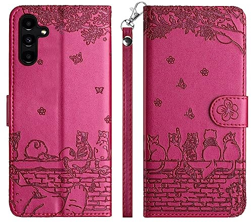 Aisenth Handyhülle für Samsung Galaxy A54 5G Klapphülle mit Kartenfächer | Katze mit Schmetterling Design,Standfunktion,Kartenfächer,PU Leder,3 Kartenfächer+Geldfach,Stoßfeste,Magnetische,Violett Rot