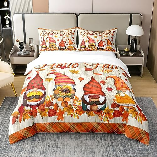 100% Baumwolle Hello Fall Bettwäsche Set 135x200,Cartoon Zwerge Bettbezug,Kürbis Sonnenblume Kuchen Tröster Abdeckung für Thanksgiving,Herbst Ahorn Blätter Holz Plank Bett Sets mit 1 Kissenbezug