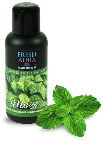 FRESH AURA Saunaaufguss – Sauna Aufgussmittel mit Minze und natürlichen ätherischen Ölen – Sehr ergiebiger und langanhaltender Saunaduft – kühlend und aromatisch| Made in Germany (100ml)