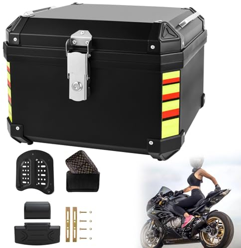 ZXSYYDS Aluminium top case,48L Motorcycle Rear Trunk,Waterproof Aluminum Luggage Tour Helmet Box with Security Lock - Includes Back Cushion,TypeA