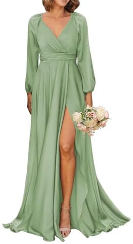 Long Sleeves Bridesmaid Dresses with Pleated Slit Sweep Train Formal Party Gowns Plus Size Sage Green UK14