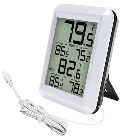 Urageuxy Kabelgebundenes digitales Innen-/Außenthermometer, Innen-/Außentemperaturmonitor mit 2m wasserdichtem Kabel mit Min/Max Aufzeichnung und Fühler für Haus, Büro, Gewächshaus, Aquarium, Kühlschr