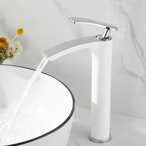 XJTNLB Mitigeur Cascade Vasque à Poser Robinet de Lavabo Cascade Poignée Unique Robinet Salle Bain Lavabo Blanc + Chromé,Haut Style