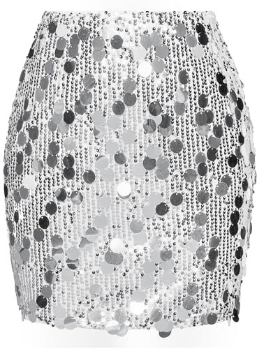 Kate Kasin Damen Pailletten Glitzer Minirock Kurzer Rock Stretchy hohe Taille Hüfte Wrap Halbrock Bleistiftrock Party Bodycon Short Sequin Skirt Silber XXL