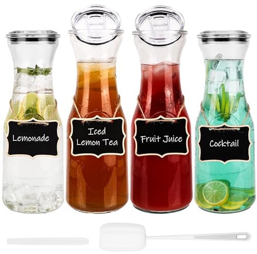 Belle Vous Lot de 4 Carafes à Eau en Verre avec Bouchon - Bouteille Verre 1,1l - Carafe et Pichet pour Boissons Chaudes et Froides - Jus - Thé glacé - Lait - Vin - Cocktail