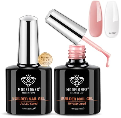 Modelones Builder Gel Set, 2 Pcs 10ml Clear and Rose Nude Pink Builder Gel in a bottle, Nail Strengthener Builder Nail Extension Gel Builder for Nail, LED Nail Lamp Cured Hard Gel