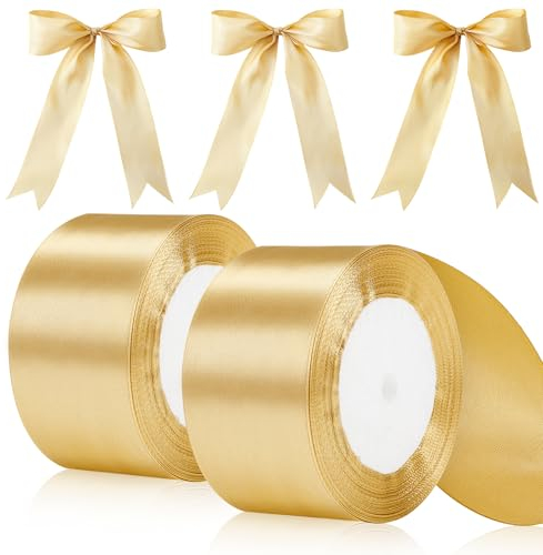 Lvefyti Satinband Gold 50mm, 44 Meters Dekoration Geschenkband Breit Schleifenband, Geschenkband Hochzeit Stoff, Stoffband für Hochzeit, Taufe und Geburtstag Geschenke (22M/Rolle)
