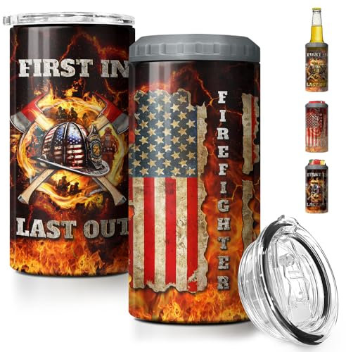 Feuerwehrmann Becher, Feuerwehrmann 4-in-1 Trinkgläser, Edelstahl, isoliert, schmal, passend für alle 340 ml Dosen, Bierflaschen, Geschenke für Männer, Vater, Geburtstag, Weihnachten, Vatertag