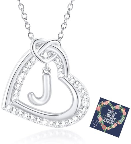 Esmoly Kette Damen Silber Necklace Women Zirkonia Herz Anhänger Kette mit Buchstaben A-Z Halskette Damen mit Kasten Geschenke für Frauen Freundin 17.2+2 Inches (Silber J)