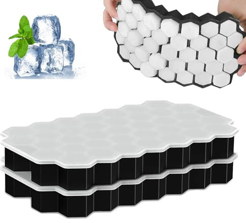 2 Pcs Black Ice Cube Molds 37 Hexagonal for Freezer Ice Cube Tray with Lid, Silicone Ice Cube Moulds, Small Ice Cube Trays, Each Makes Ice Cubes Silicone for Chilled Drinks, Whiskey, Cocktail