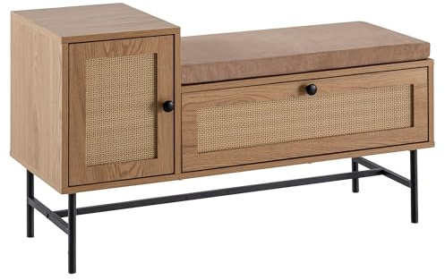 Wohnling Schuhbank 100x38x60 cm Eiche-Dekor mit Sitzfläche, Garderobenbank | Sitzbank gepolstert mit Stauraum für Schuhe, Flurbank schmal mit Rattan-Front, Bank für Flur und Garderobe
