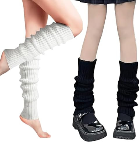 Yiqicomle 2 Pairs Leg Warmers for Women Girls, Rib Knitted Knee Warmers Fashion Leg Warmers 80s Socks for Sports Party Yoga Dance, Blackand White