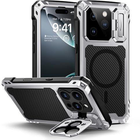 Lanhiem for iPhone 16 Pro Max Metal Case with Camera Cover & Stand [Compatible with MagSafe] [Built-in Kickstand] [Military-Grade Protection] Heavy Duty Rugged Magnetic Phone Case, Silver