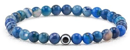 Lameybrt 6mm Auge des Bösen Blick Armband Schutz Stretch Armbänder mit Naturstein für Männer Handgemacht Heilsteine und Herrenarmband (A20 Lace Agate Blue, Mittel 19cm)