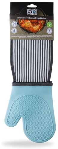Silicone Double Oven Gloves Aqua Stripe – Steam Proof, Waterproof Heat Resistant (Upto 250°C/480°F). Safe From Boiling Water & Hot Oil. Machine Washable, BPA & Phthalate Free. 5 Year Guarantee.