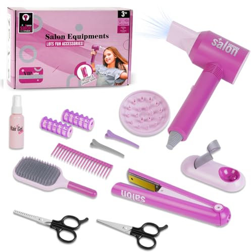HOTUT Salon de Coiffure Enfant Set, 12 Pièces Set de Coiffure Enfant, Mode Jeu de Simulation de Coiffeur avec sèche-Cheveux, Lisseur, Peigne, Ciseaux, Jouets Coiffure pour Enfants de 3 Ans et Plus