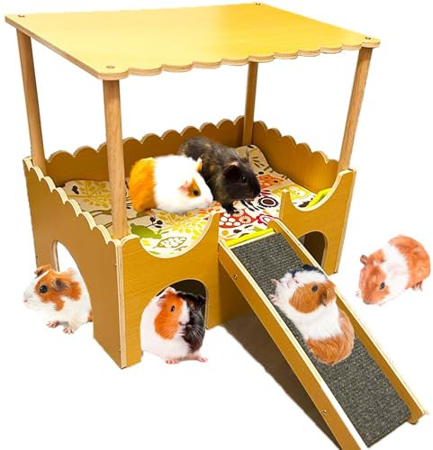 Großes Meerschweinchen-Versteck aus Holz, 2-stöckig, Meerschweinchen-Schloss mit Treppen und Matten, stabiles Holzhaus, Betthütte, Lebensräume, Chinchilla, Hamster, Spielzeug, Hase, Spielversteck,